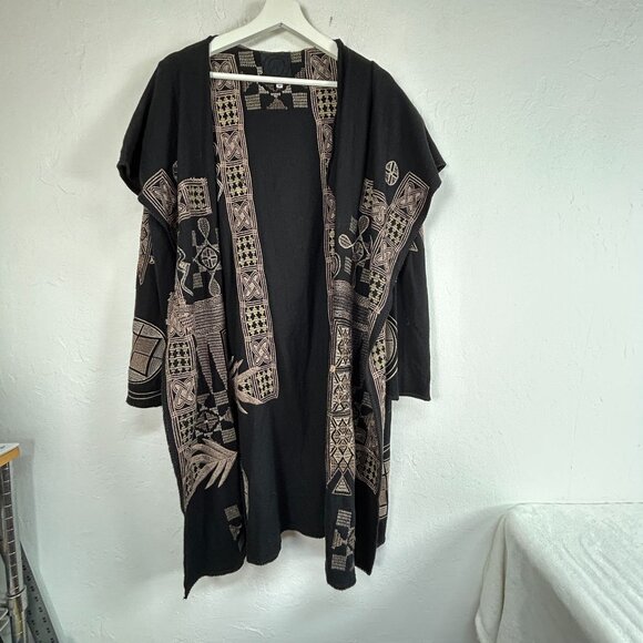 Biya Johnny Was Womens Black Tan Embroidered Hooded Kimono Cardigan Medium Boho - Picture 1 of 10
